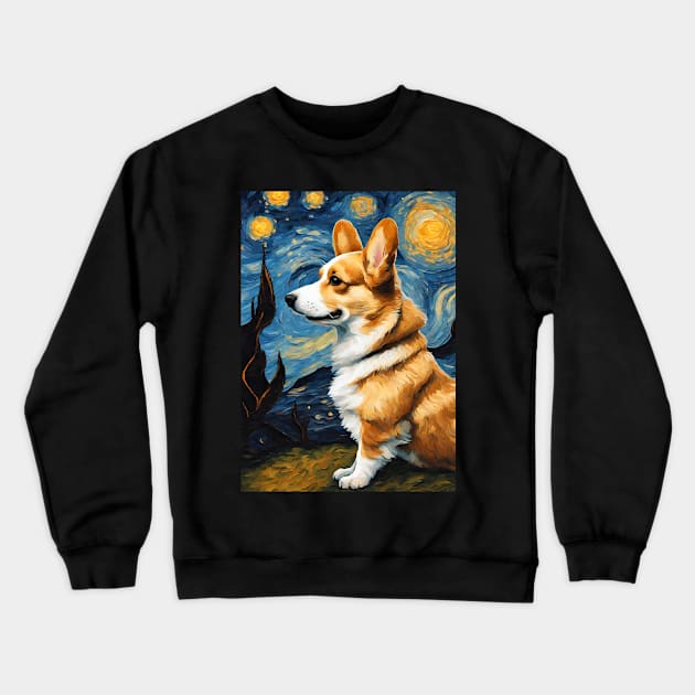 Pembroke Welsh Corgi Dog Breed Painting in a Van Gogh Starry Night Art Style Crewneck Sweatshirt by Art-Jiyuu